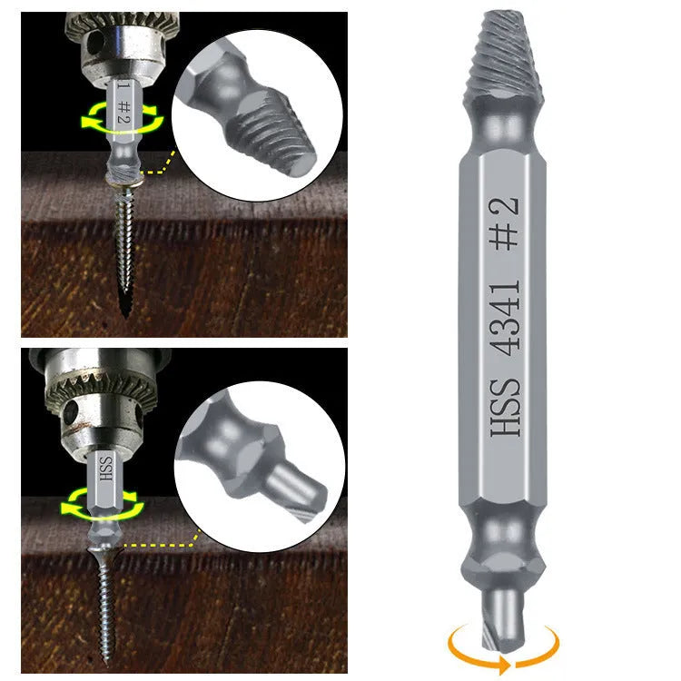 6-piece high speed steel 4341 slip-tooth head screw extractor set on a neutral background