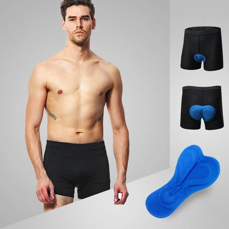 Cycling underwear with silicone pad for men and women, moisture wicking, in black, blue, and pink