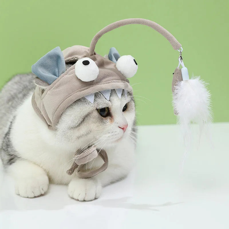 Grey headband cat toy with big-eyed fish teaser on adjustable 24-30cm band for hands-free feline play