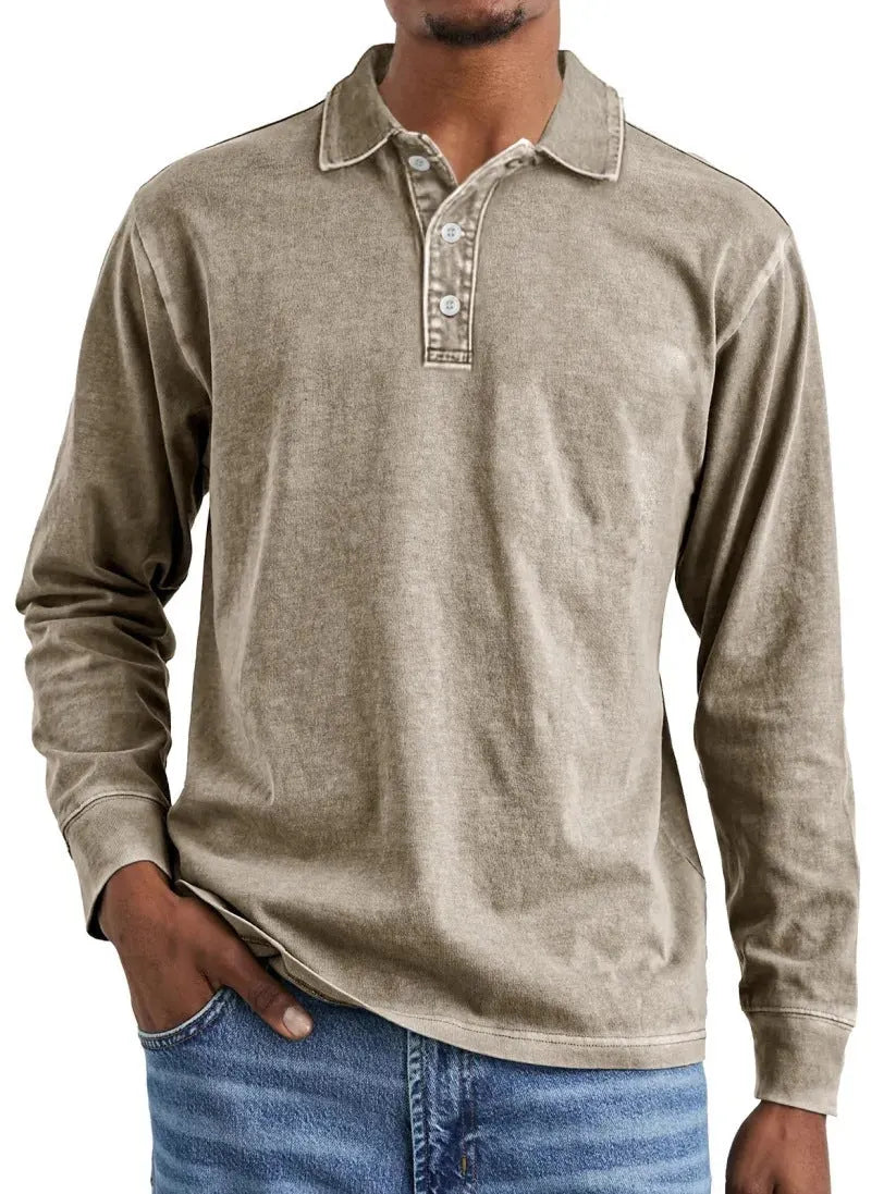 Retro washed distressed pure cotton long sleeve polo shirt with lapel collar in multiple colours.