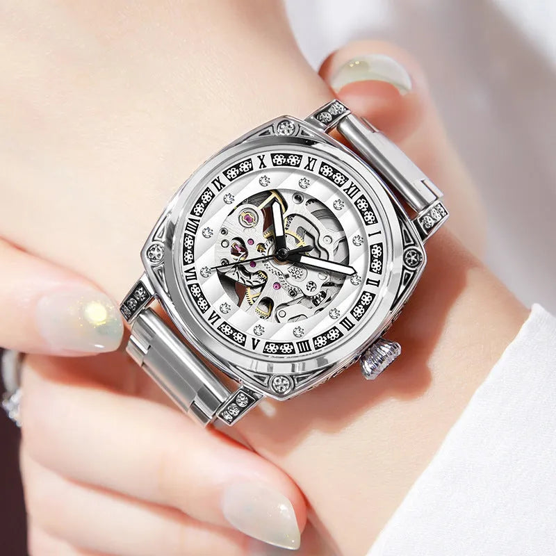 Men's mechanical watch with luminous hands on a leather strap, showing colour options: black, red, steel, and white dials.
