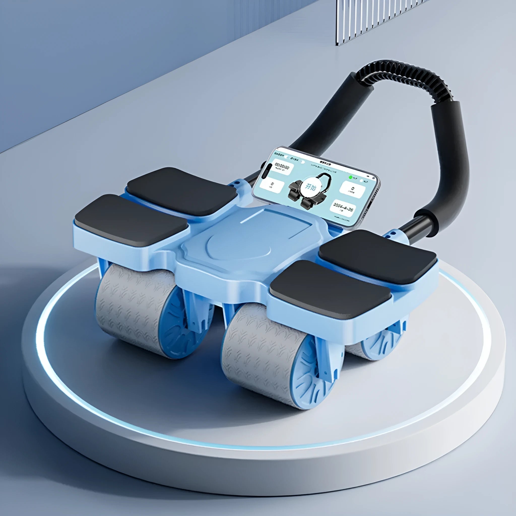 Black automatic rebound abdominal wheel with four blue polyurethane rollers and ergonomic handles on a wooden floor.