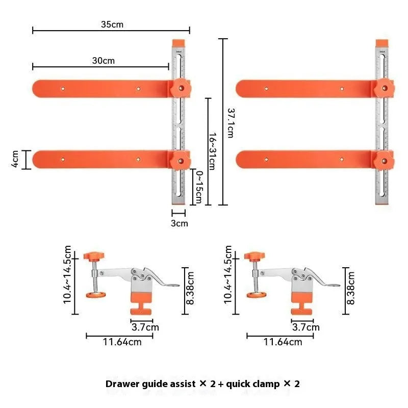 Drawer guide rail installation aid set with slideway aids and rapid clamps for woodworking drawer fitting