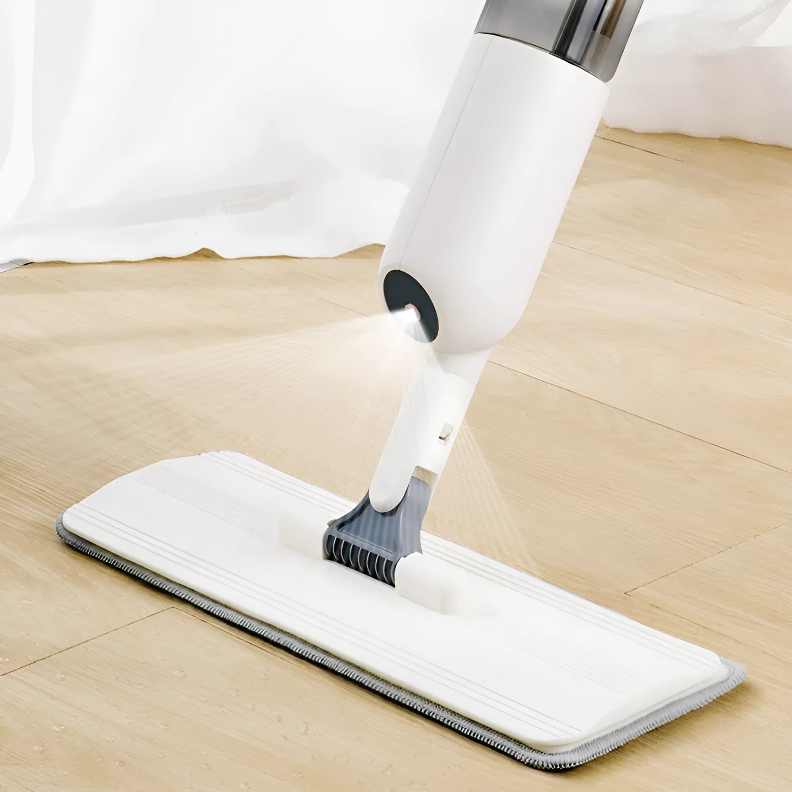 Flat squeeze mop with bucket showing 360-degree rotating head and stainless steel mop bar