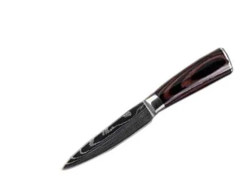 7Cr17 stainless steel kitchen knife with Damascus pattern blade and coloured wood handle on a cutting board.