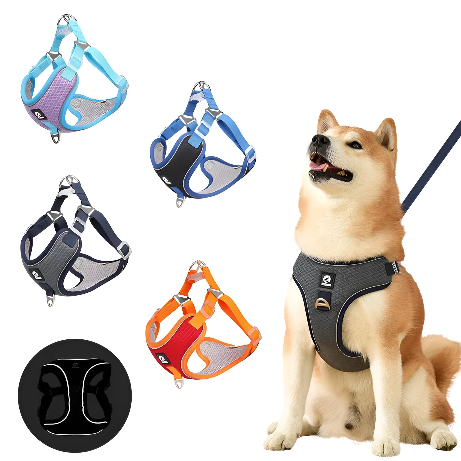 Adjustable soft mesh dog harness with reflective strips in black, shown on a small dog