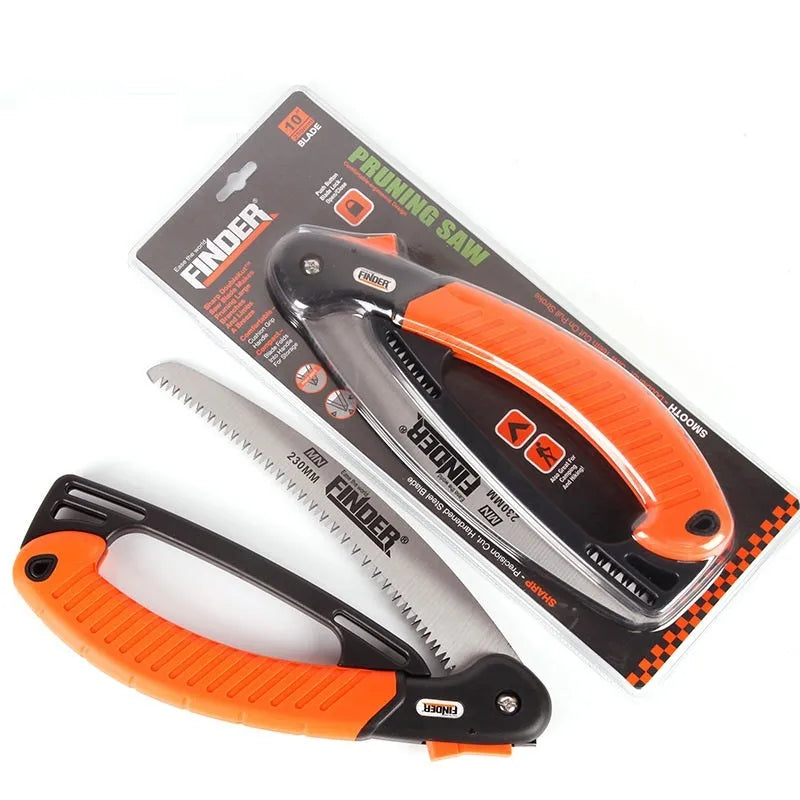 A folding hand saw with a 230mm blade and TPR handle, shown closed and open.