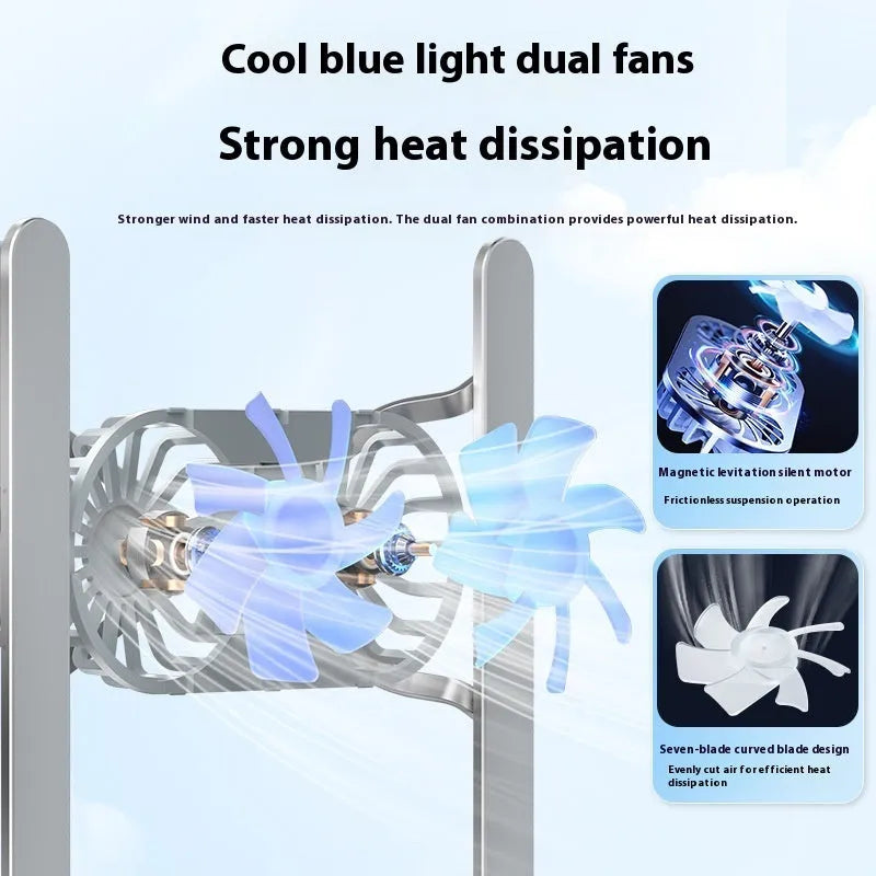 Silver aluminium laptop cooling stand with twin fans and adjustable height mechanism folded for storage
