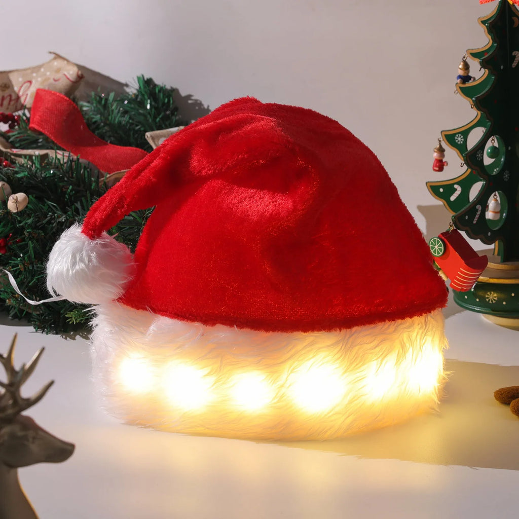 Red and white plush Santa hat with colour-changing LED lights and pom-pom detail