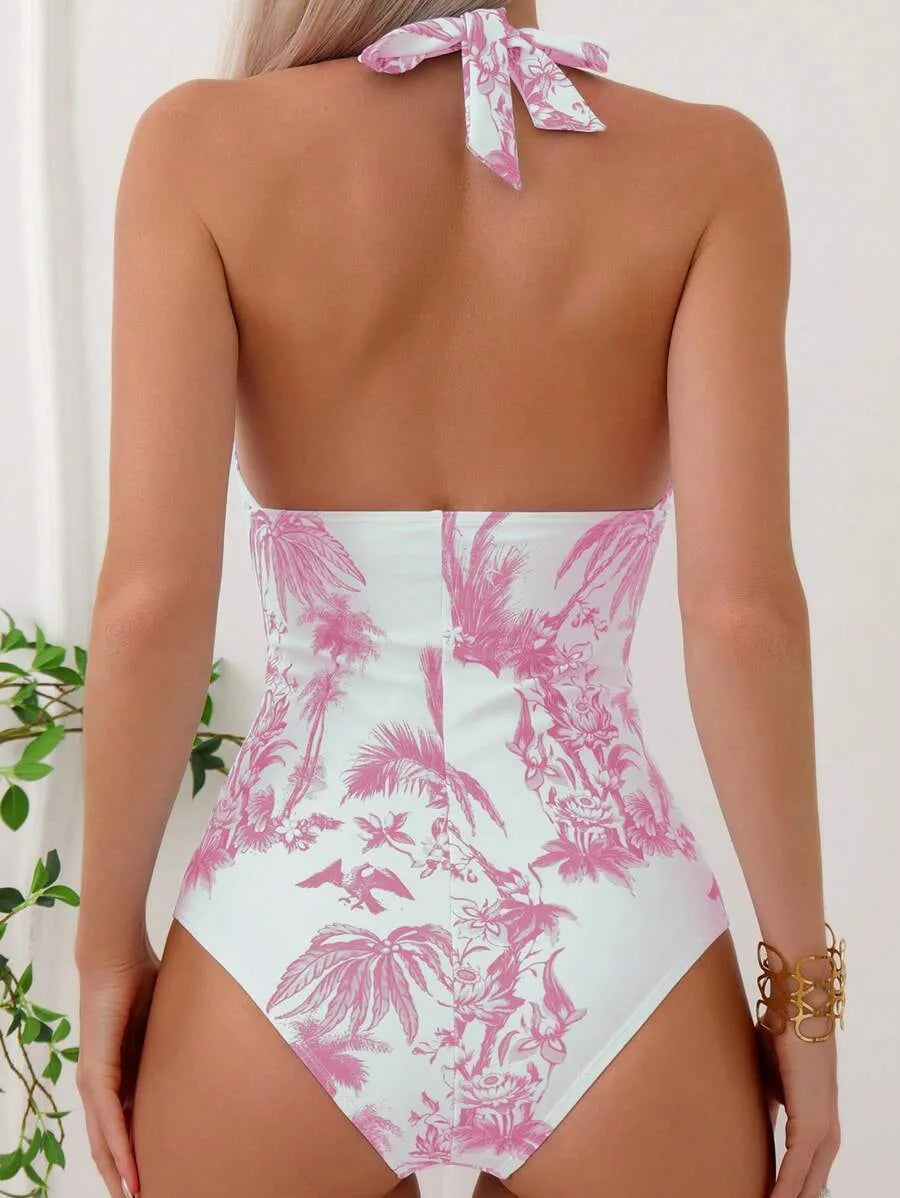 Women's printed V-neck one-piece swimsuit in apricot colour on a mannequin