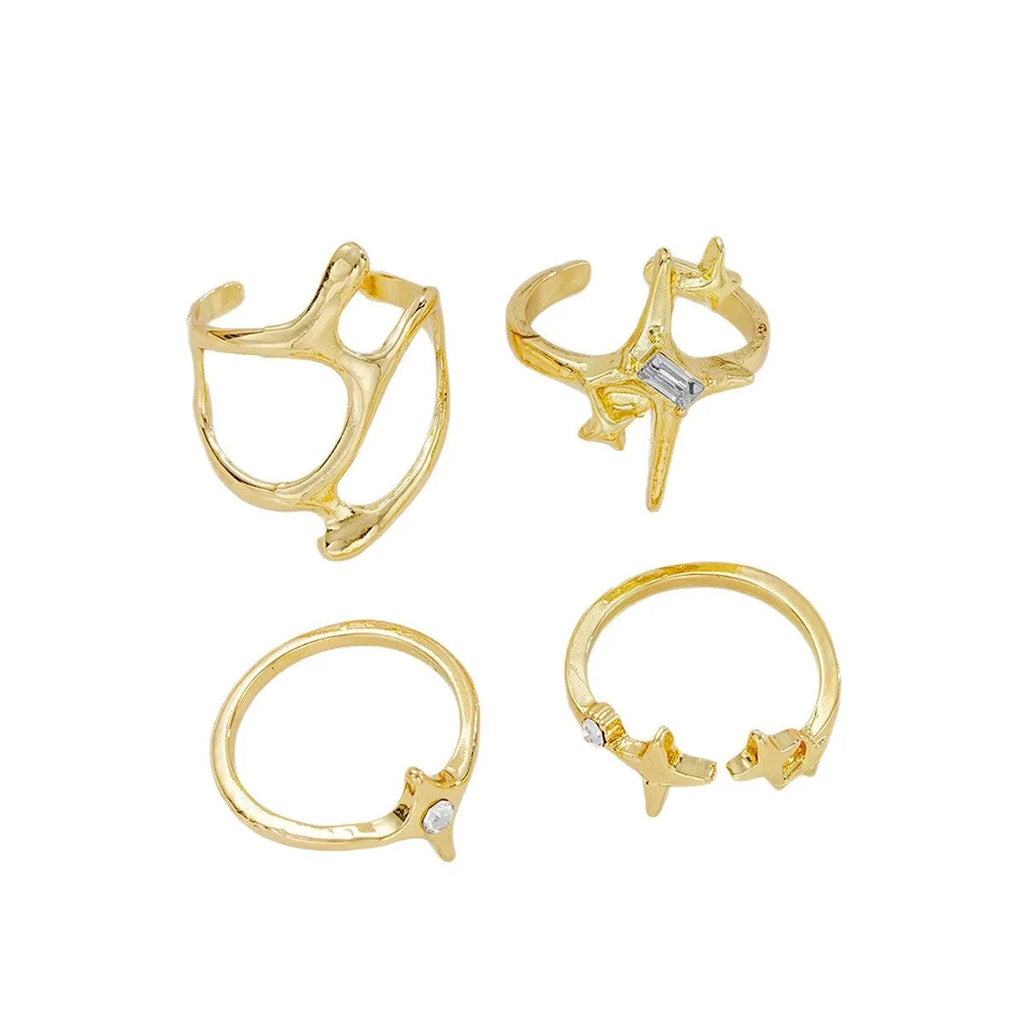 Geometric metal lava line four-piece ring set for women, electroplated mixed material, 4 Set colour, 8.5g