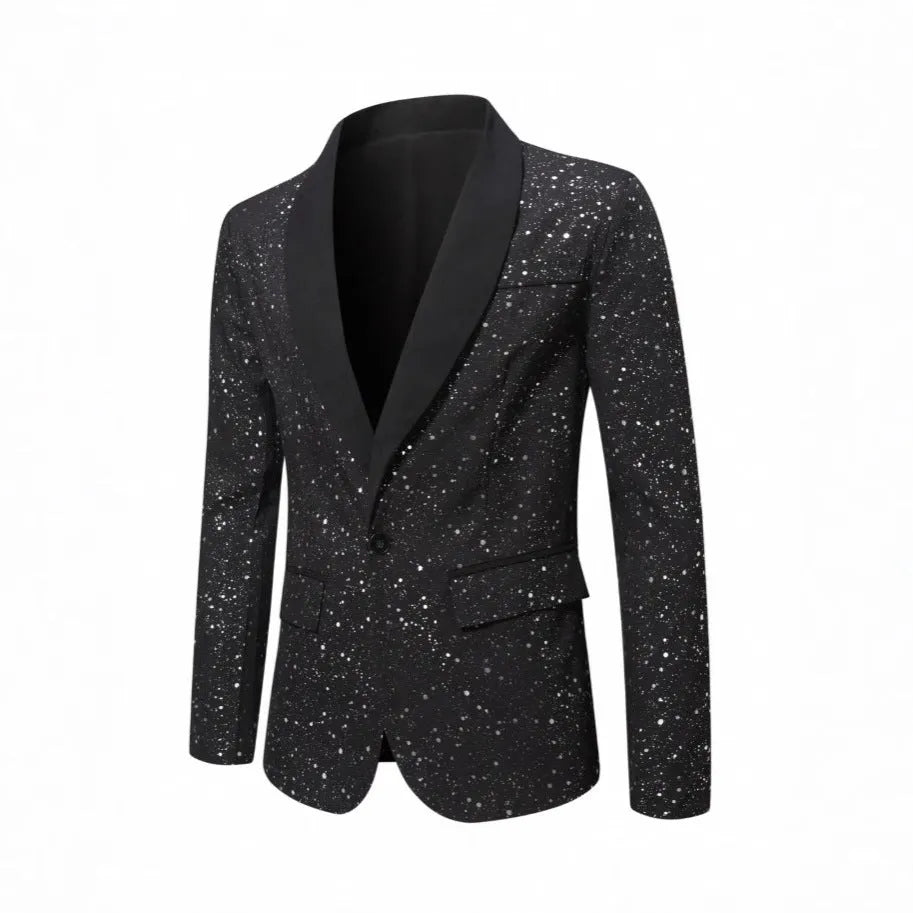 Men's black shiny polyester blazer with straight hem, long sleeves, regular fit, formalwear for weddings and banquets