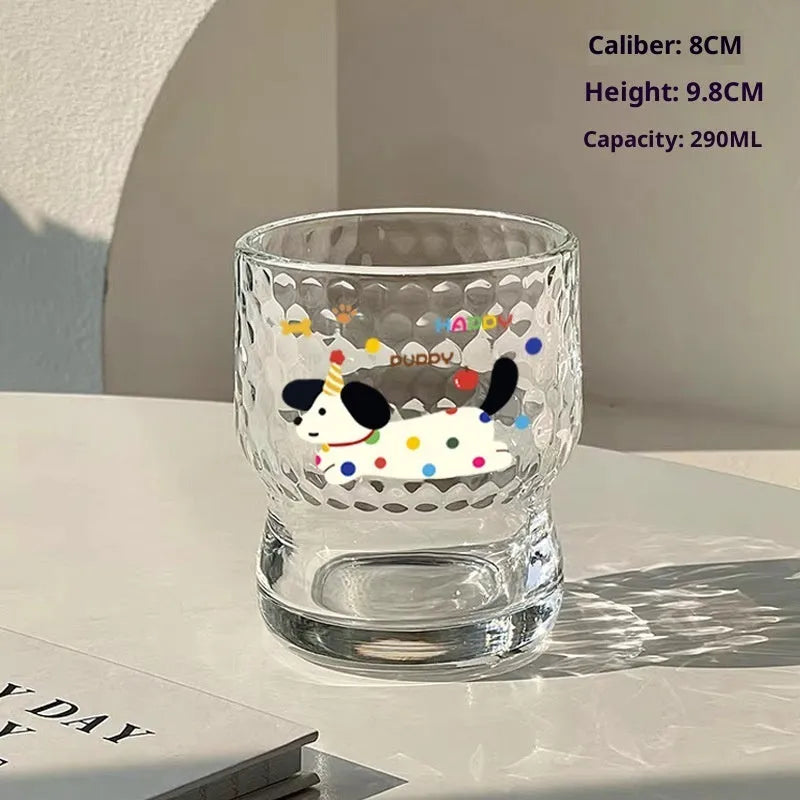 Cartoon 290ml soda lime glass cup with cute blue dog sticker, round shape, single layer, modern simplicity