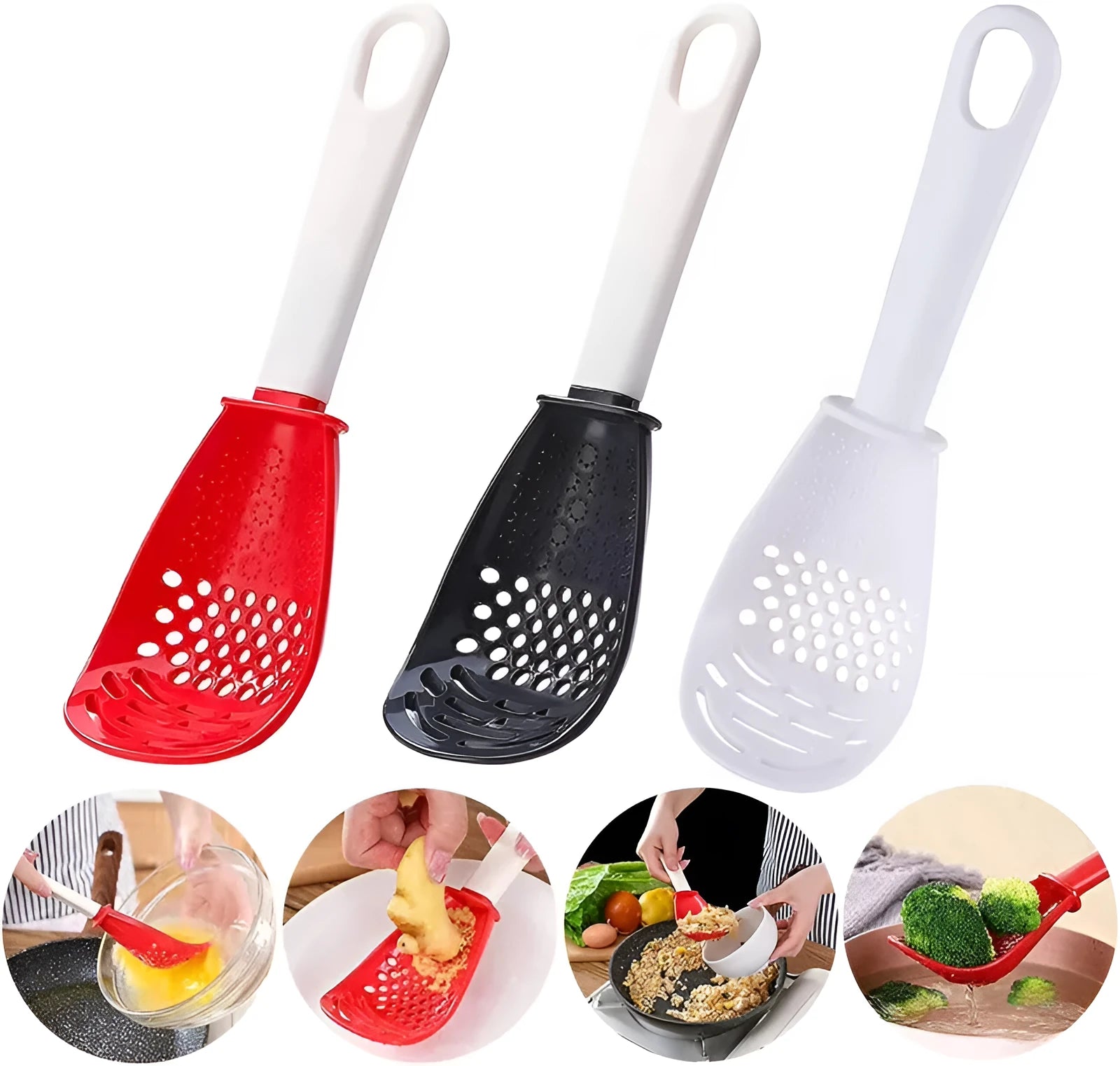 Red and black plastic multifunctional slotted cooking spoon with serrated edges for mashing and grinding.