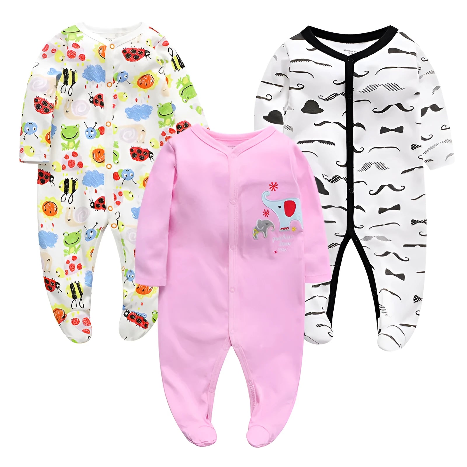 Cotton baby one-piece romper in a dinosaur print style for infants, showing size options from 3 to 12 months.