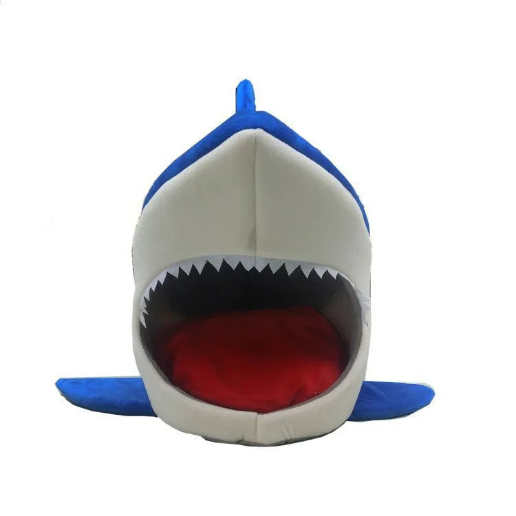 Shark-shaped cloth pet kennel dog bed in blue with soft padding and two size options