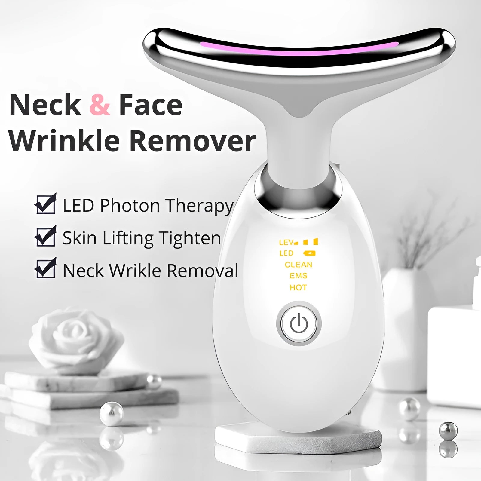 EMS thermal neck lifting massager with LED lights for facial skin tightening and wrinkle reduction