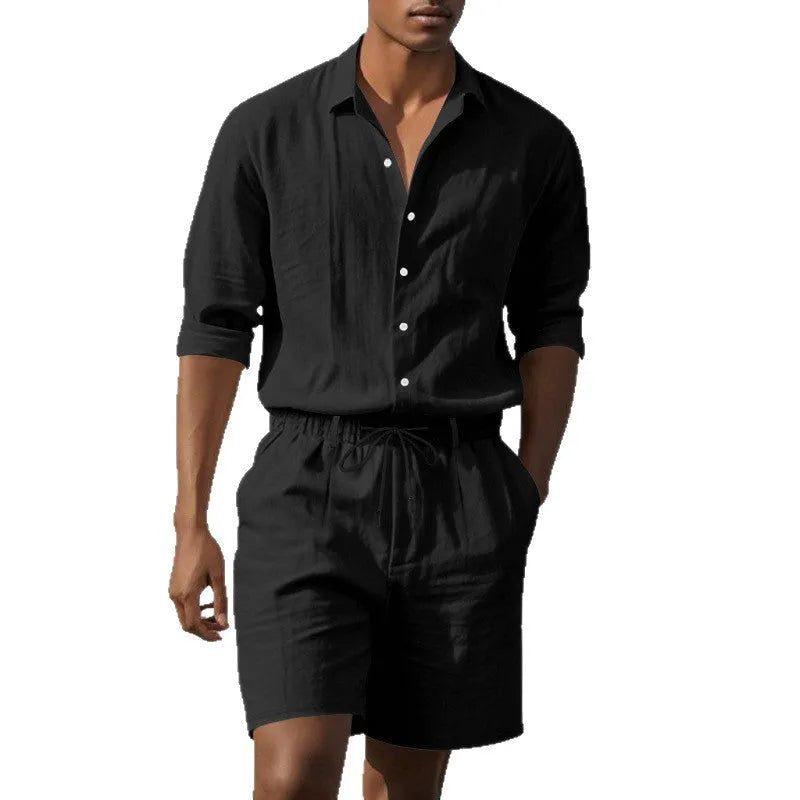 Men's linen beach suit set with long sleeve shirt and shorts in multiple colour options
