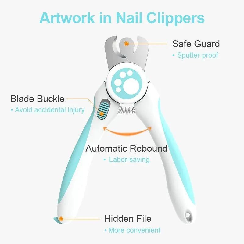 Blue and white professional pet nail clipper for dogs and cats with a safety lock and stainless steel blade
