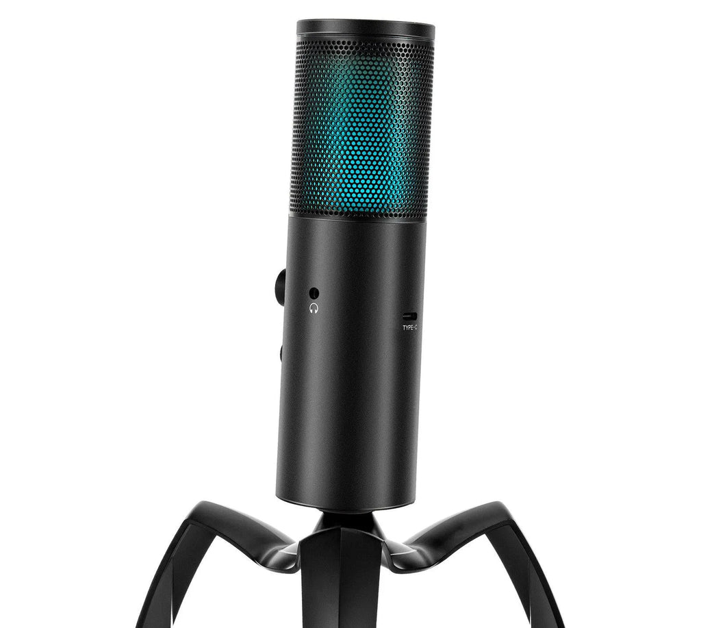 Black Q18 USB condenser microphone with RGB lights on a metal tripod stand.