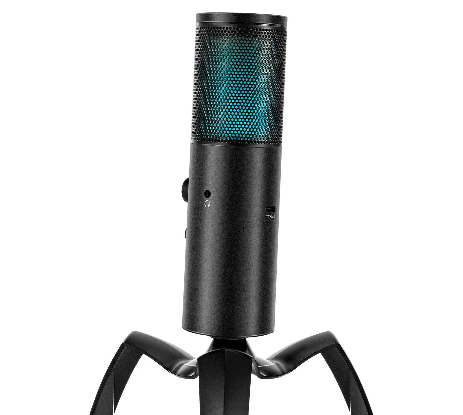 Black Q18 USB condenser microphone with RGB lights on a metal tripod stand.