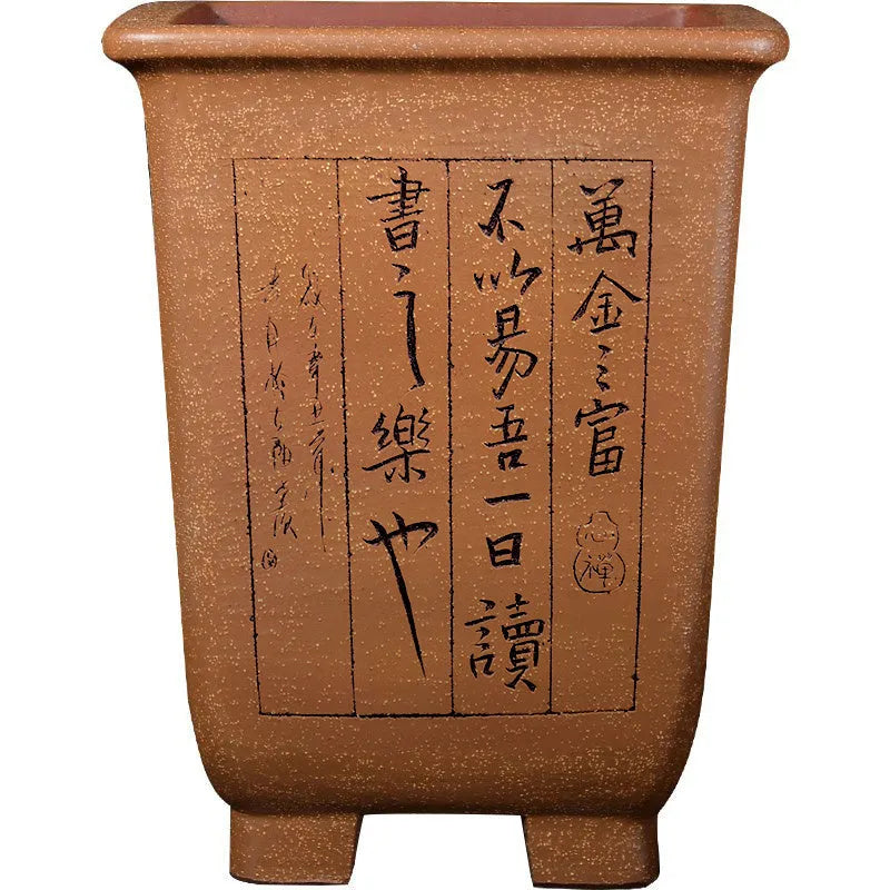 Hand-carved square purple sand ceramic flower pot large size for Clivia and orchids