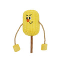 Natural corn cob and wood cat chew toy with catnip for dental hygiene, shown with dimensions 7cm by 6cm by 15cm.