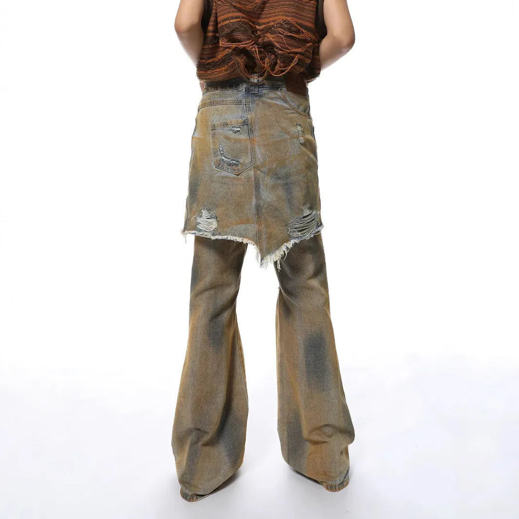 Light blue loose hole distressed bootcut jeans on a high-waist mannequin