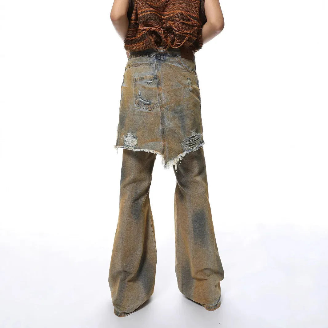 Light blue loose hole distressed bootcut jeans on a high-waist mannequin