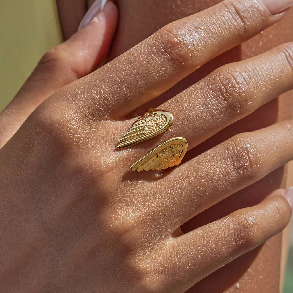 Stainless steel Wings Ring with an opening clasp and electroplated finish in a silver-toned colour variant.