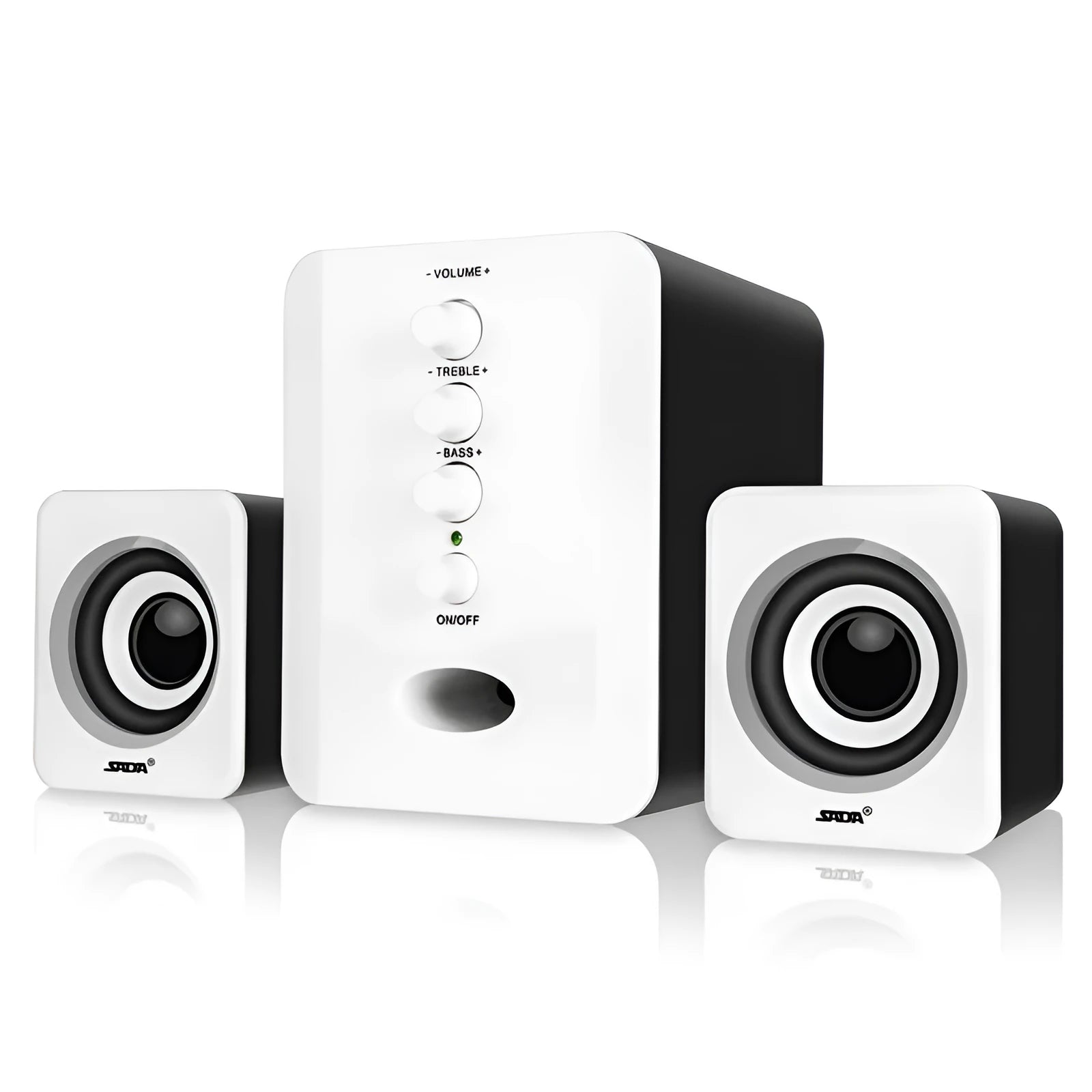 Set of three plastic computer speakers in black: one main unit and two satellite speakers with 3.5mm audio and USB cables