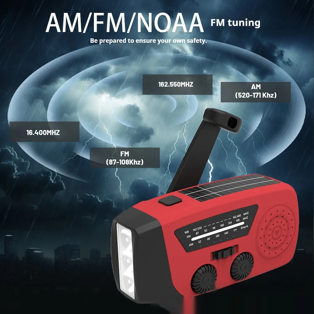 Red rechargeable emergency radio torch with flashlight, measuring 13.3 x 6.3 x 5.2 cm with wrist strap