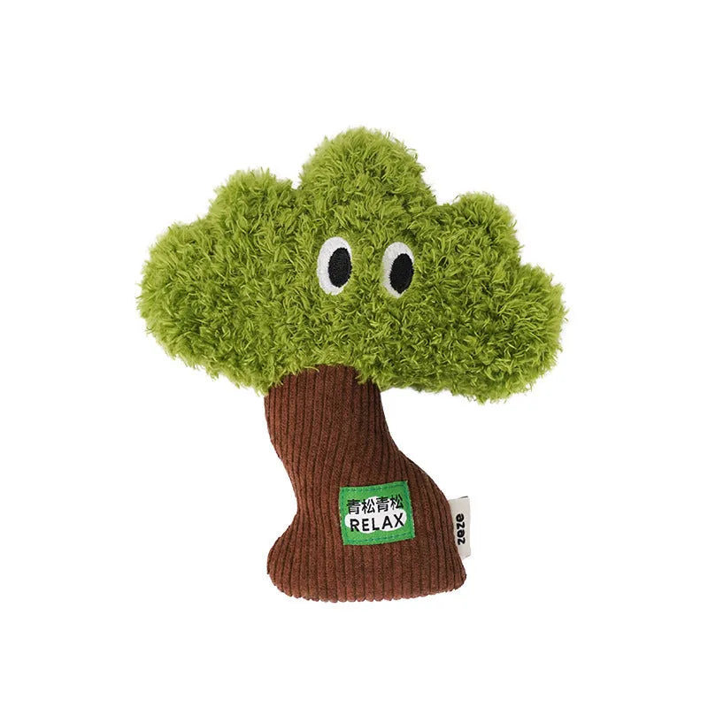 Pine tree shaped fabric cat toy pendant with catnip, shown in three sizes.
