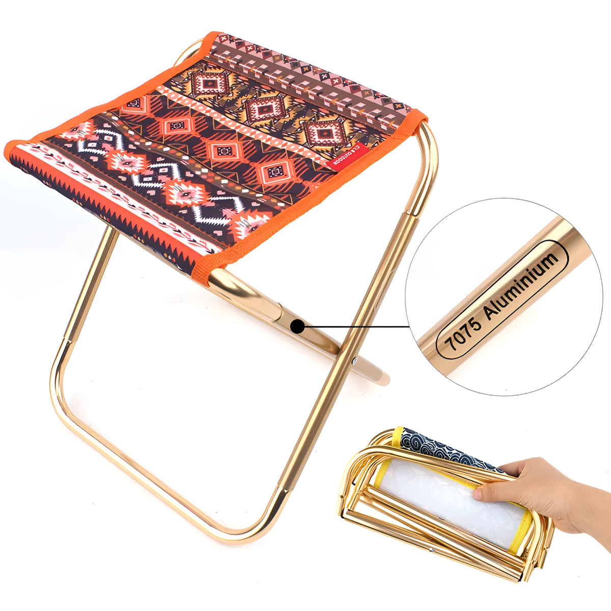 Compact outdoor folding stool with 7075 aluminium alloy frame and Oxford cloth seat, 248mm x 225mm x 270mm, 265g