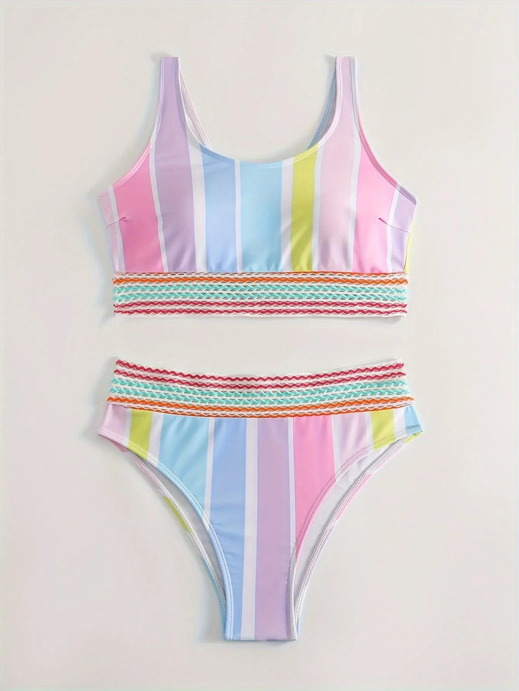 Women's striped bikini top and briefs set on a mannequin, showing the European-American style brief cut and spandex lining.