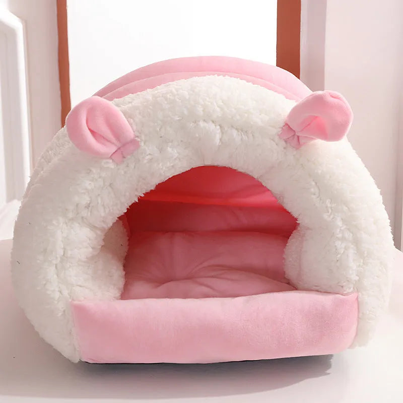 Washable cat nest with removable cover in blue, pink or purple colours, showing M and S size options