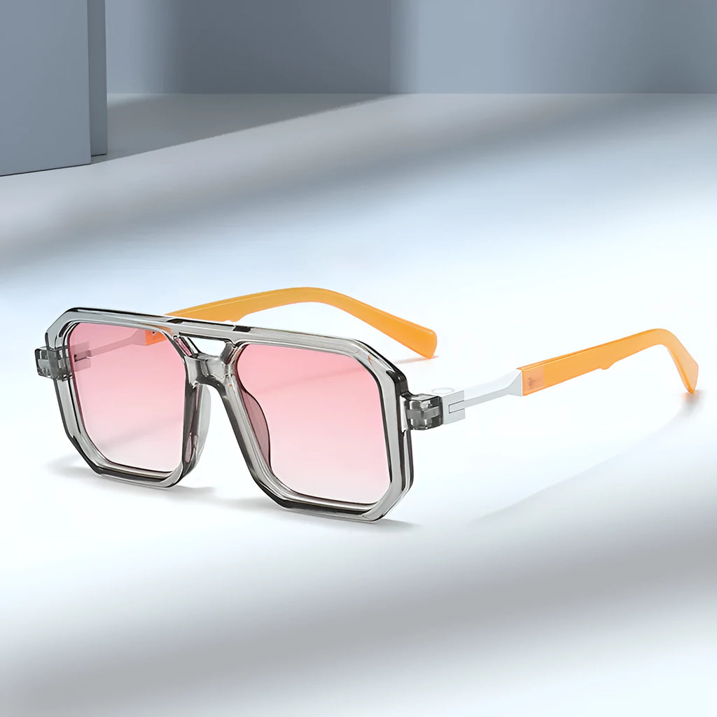 Retro double beam pilot style sunglasses with gray lenses in a black frame