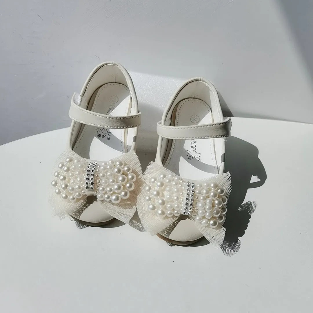 Girls' princess shoes with pearl bow, flat heel, Velcro fastening, PU leather upper, size 19-35