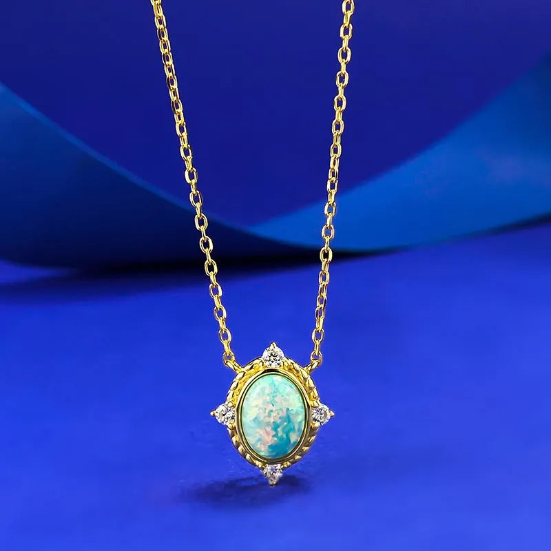 925 silver oval opal necklace pendant with electroplated finish on regular chain