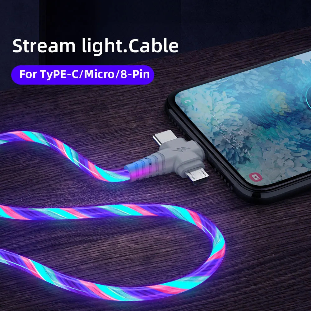 USB A to Type C and Micro USB fast charging cable with luminous streamer and aluminium alloy connectors
