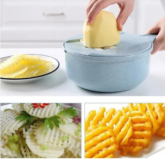 8-in-1 mandoline slicer with stainless steel blades, container, drain basket, and hand protector in blue