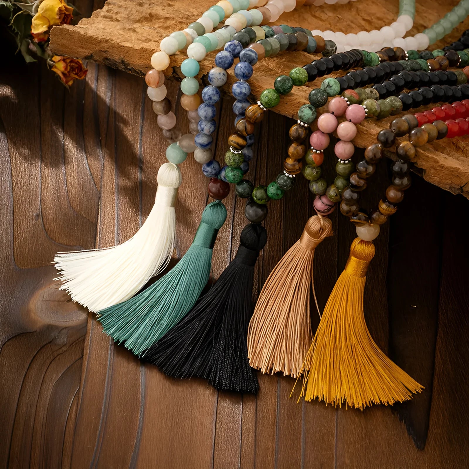 Vintage bohemian beaded necklace and bracelet set with natural stone beads in geometric round design