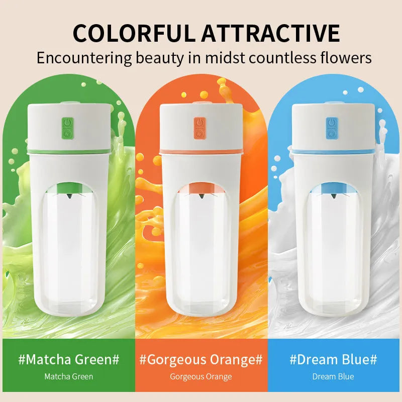 Blue portable electric juicer with USB charging cable next to a cup of blended fruit smoothie.