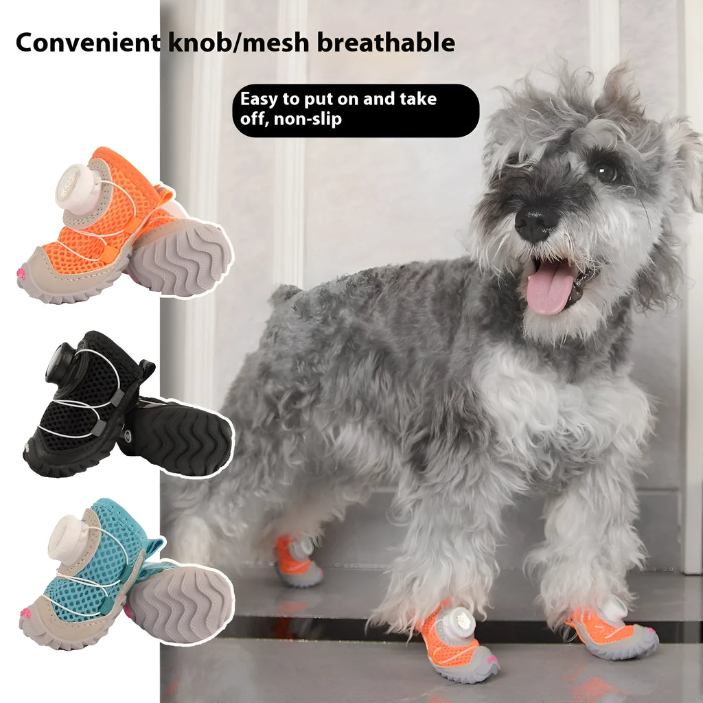 Soft bottom non-slip dog shoes in black with Oxford cloth upper, shown on a small dog