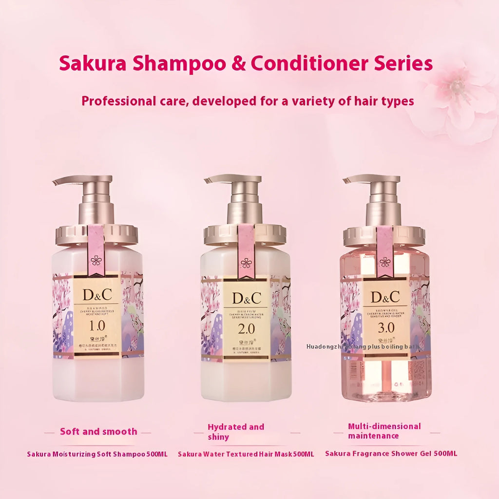 Sakura shampoo conditioner shower gel three-product set with 500ml cherry blossom formulas