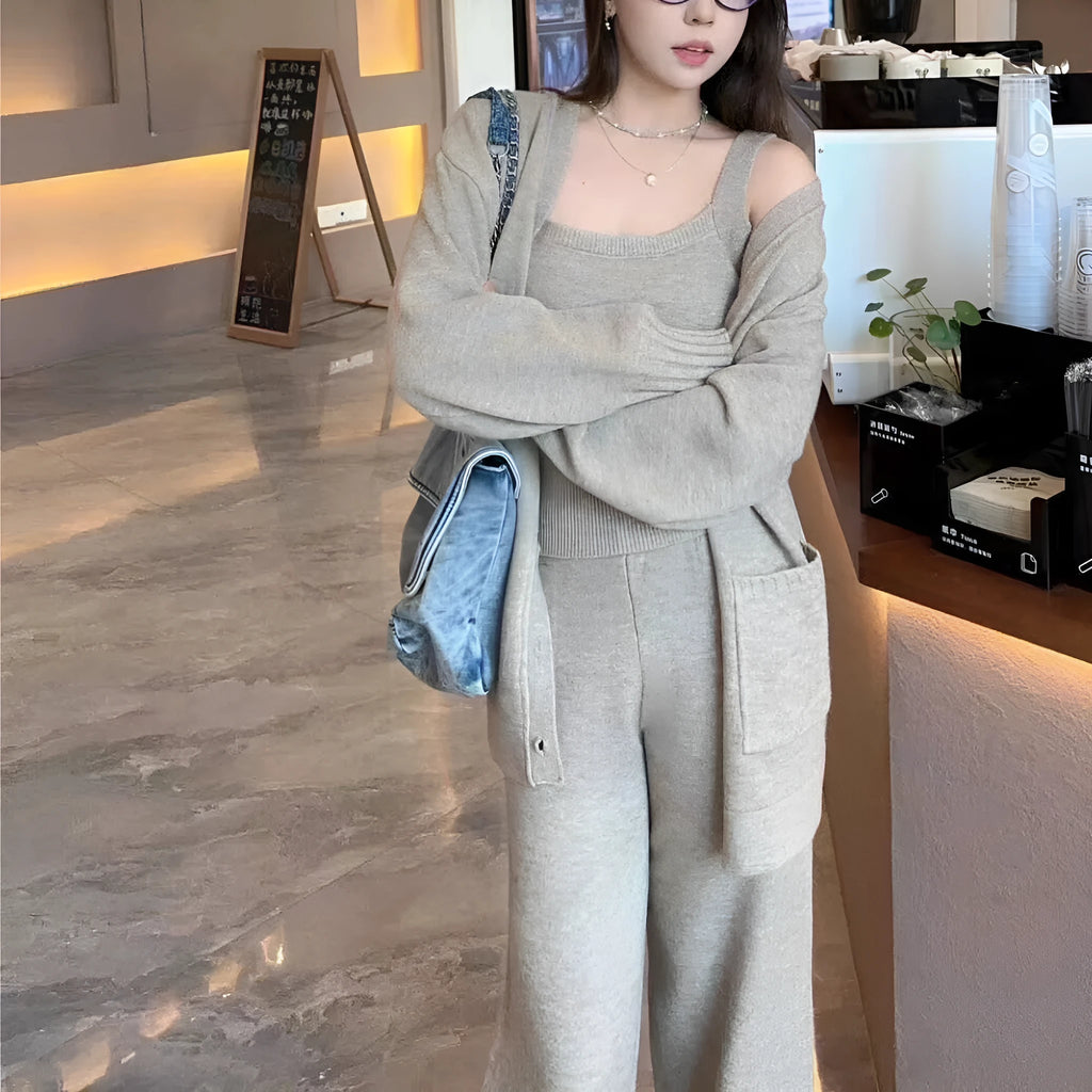 Women's knit cardigan vest pants three-piece set in Japanese Korean casual style