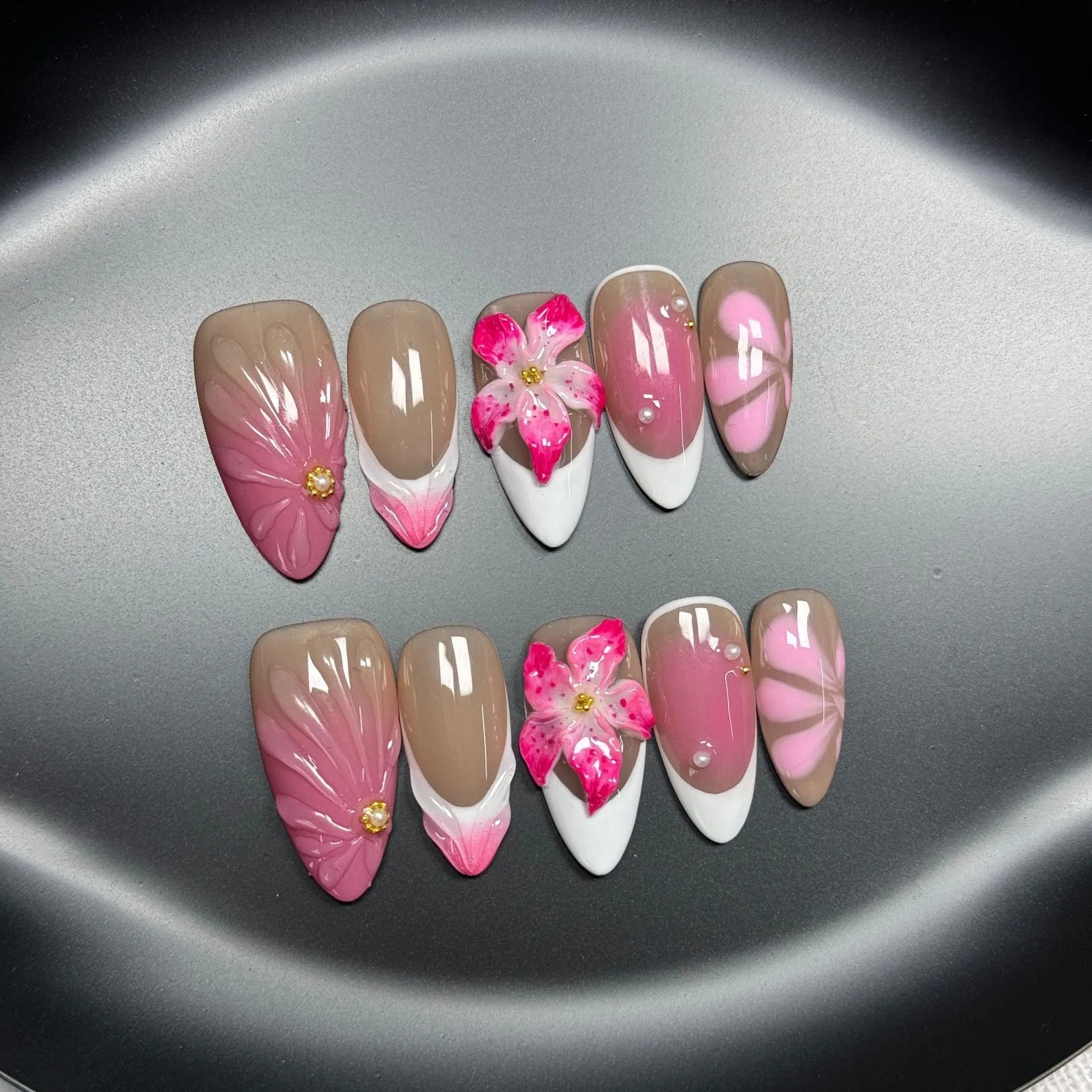 French style 3D fluid ice flower nail art designs on almond-shaped plastic armour pieces