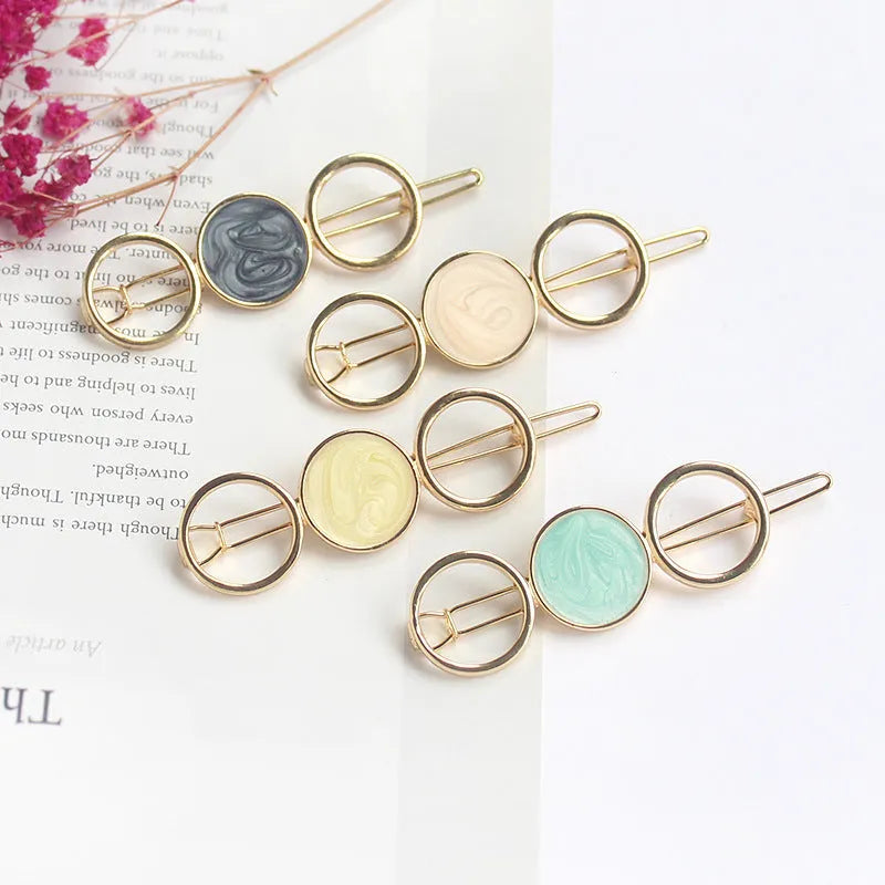 Round metal hairpin with opal crystal in silver plating, 7cm, beige colour, geometric shape