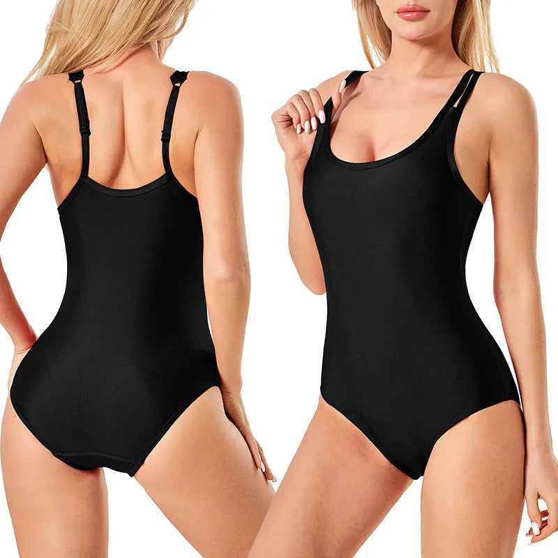 Solid black women's swimsuit briefs made from polyester and nylon for swimming and wading sports