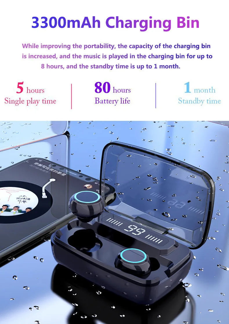 Black M11 style Bluetooth wireless headset with digital display and charging case with phone holder.